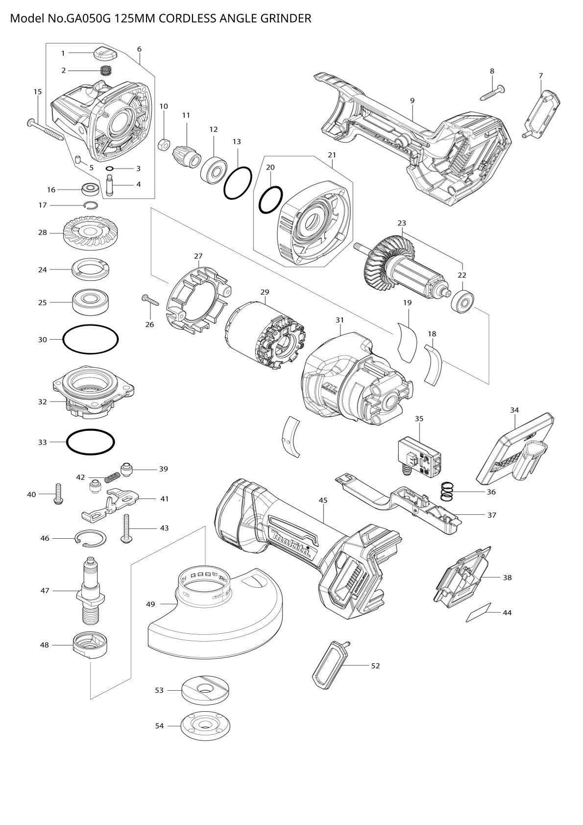 Pièces détachées meuleuse d’angle sans fil Makita GA050G