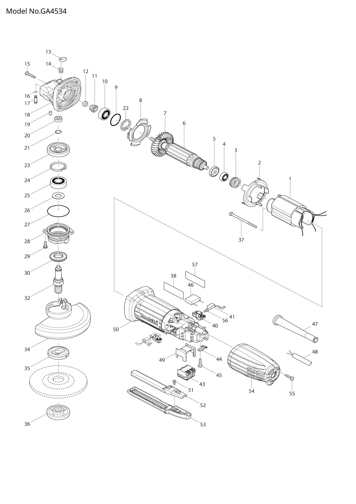 Pièces détachées meuleuse d’angle Makita GA4534