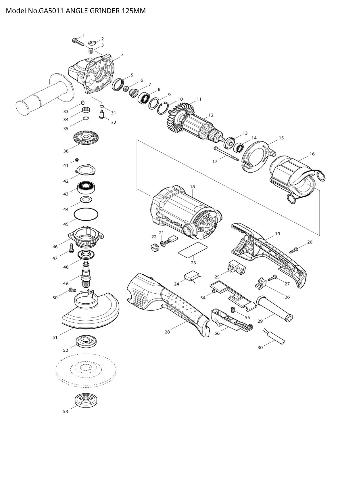 Pièces détachées meuleuse d’angle Makita GA5011