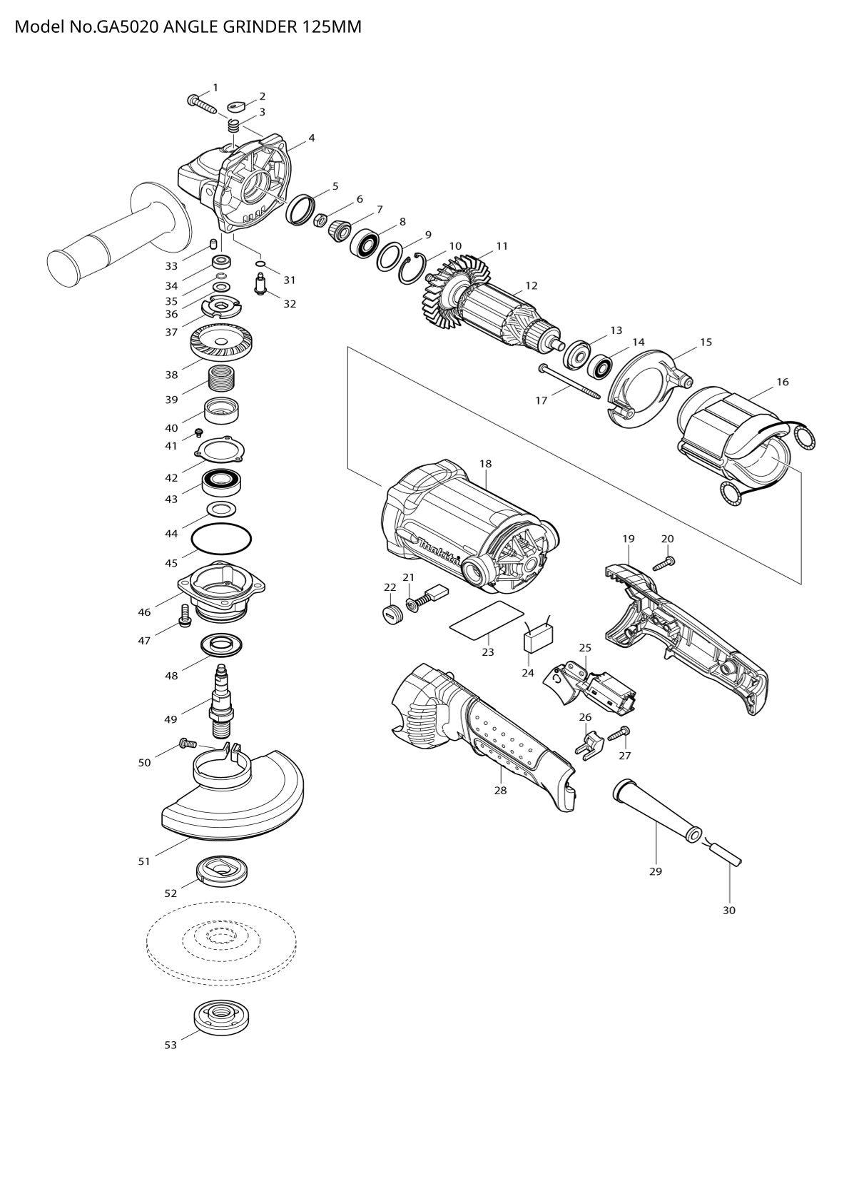 Pièces détachées meuleuse d’angle Makita GA5020