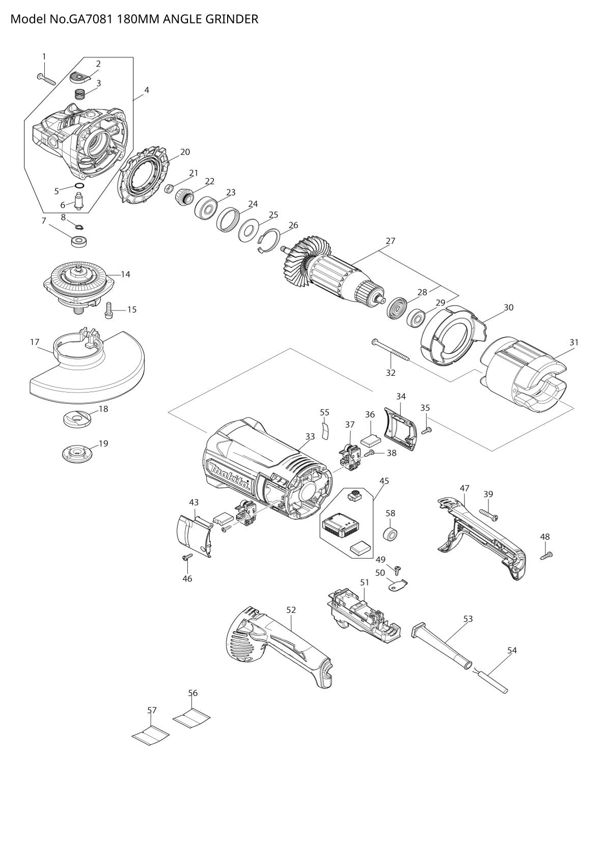 Pièces détachées meuleuse d’angle Makita GA7081