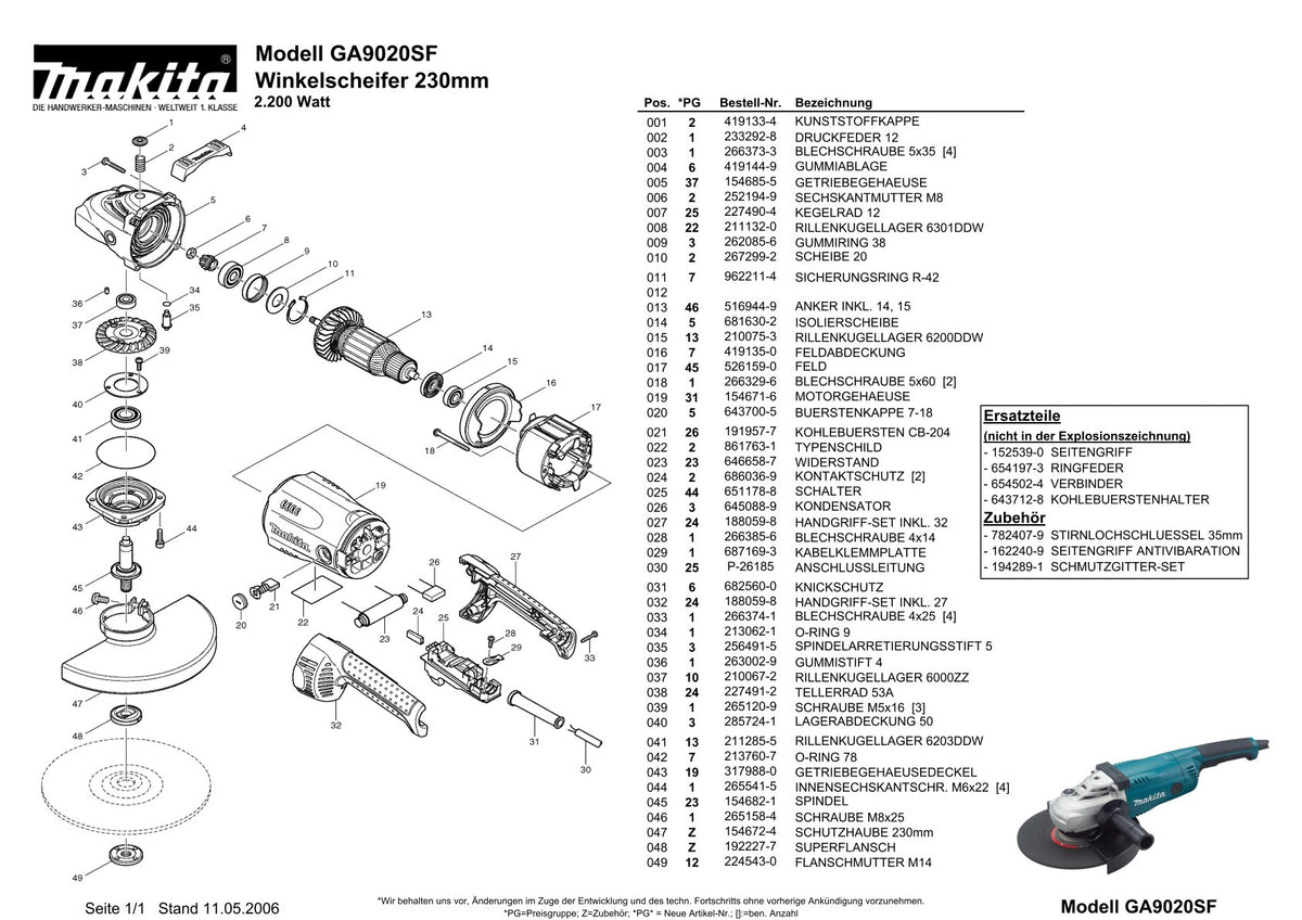 Pièces détachées meuleuse d’angle Makita GA9020S