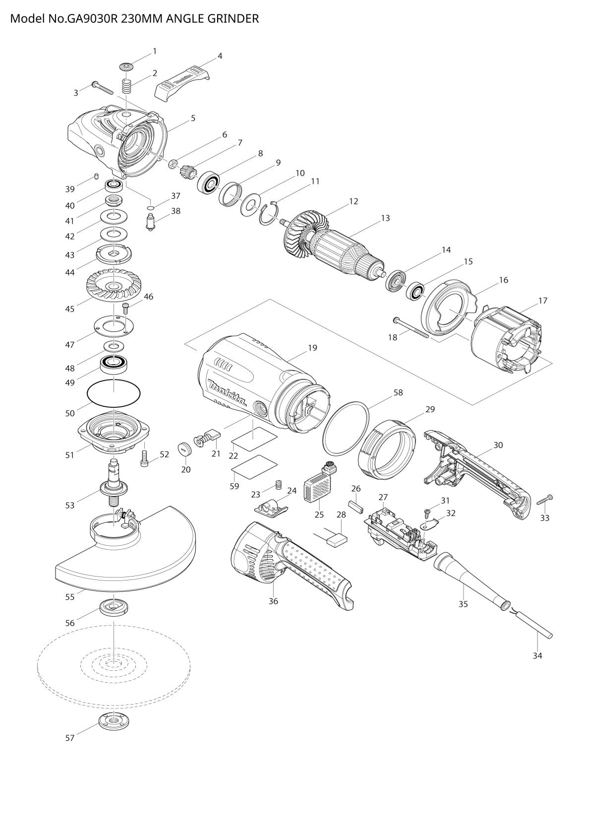 Pièces détachées meuleuse d’angle Makita GA9030R