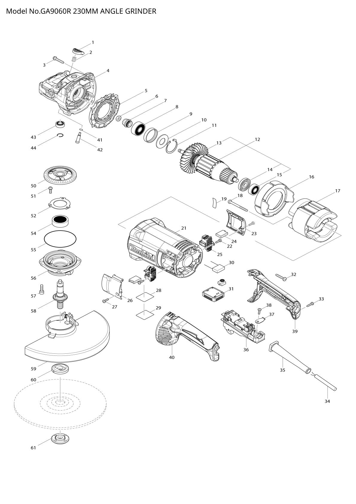 Pièces détachées meuleuse d’angle Makita GA9060R