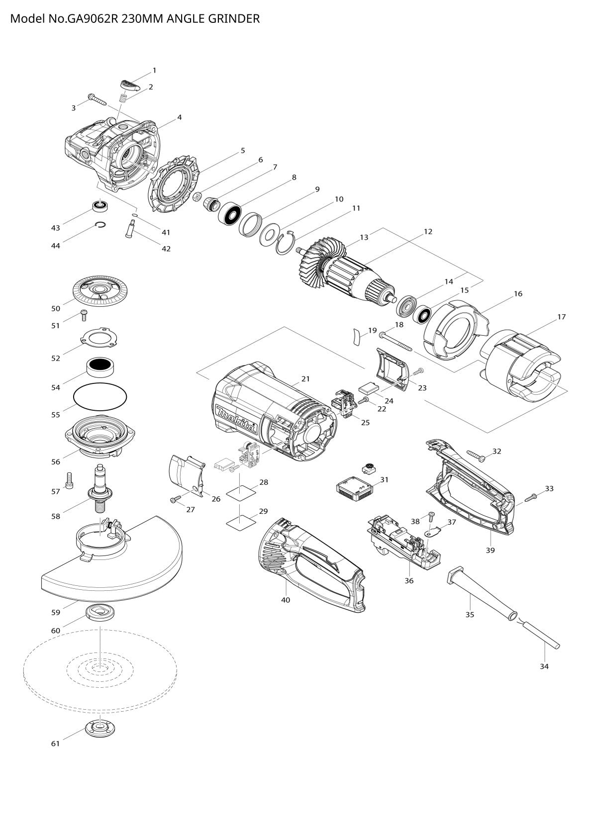 Pièces détachées meuleuse d’angle Makita GA9062R