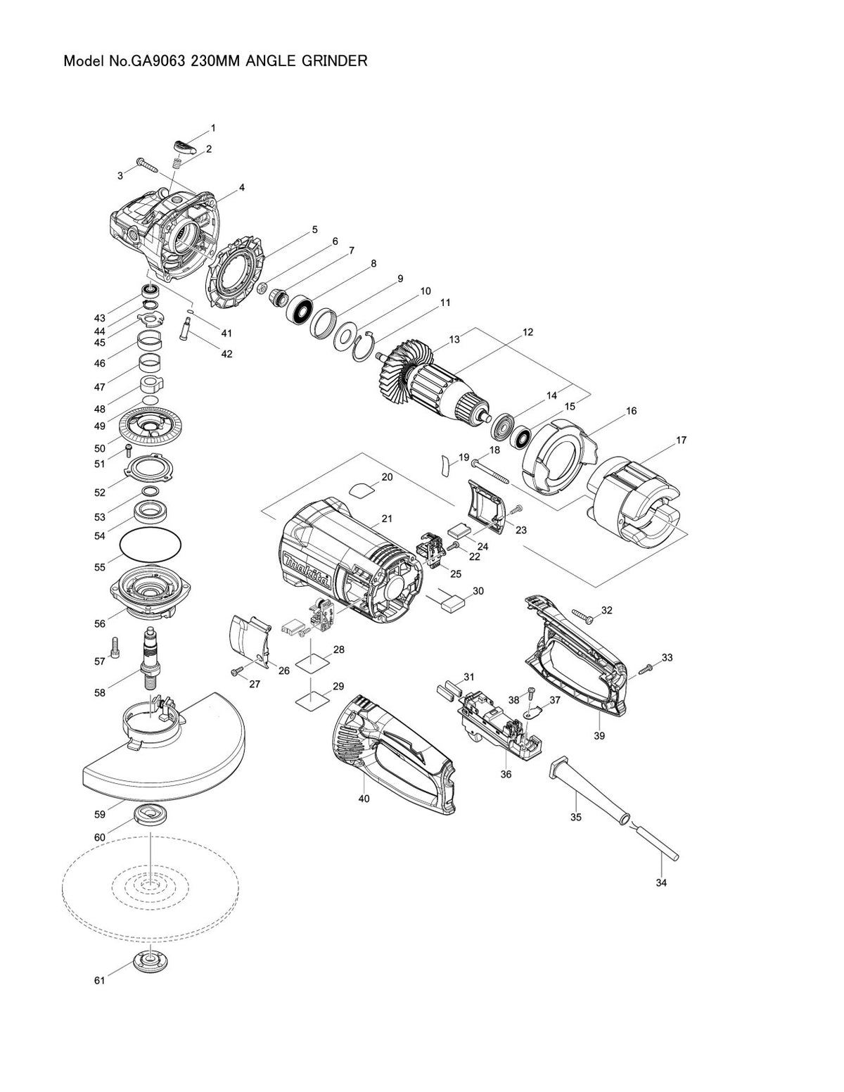 Pièces détachées meuleuse d’angle Makita GA9063