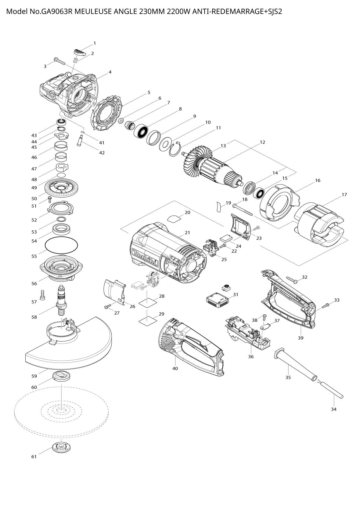 Pièces détachées meuleuse d’angle Makita GA9063R