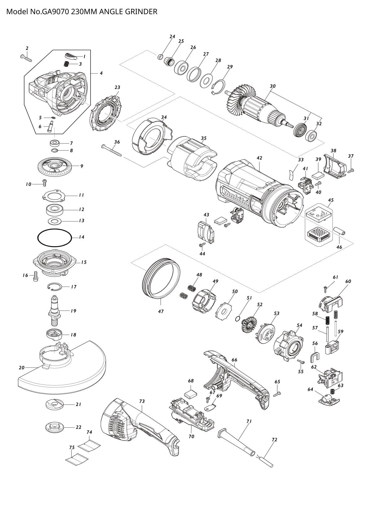 Pièces détachées meuleuse d’angle Makita GA9070