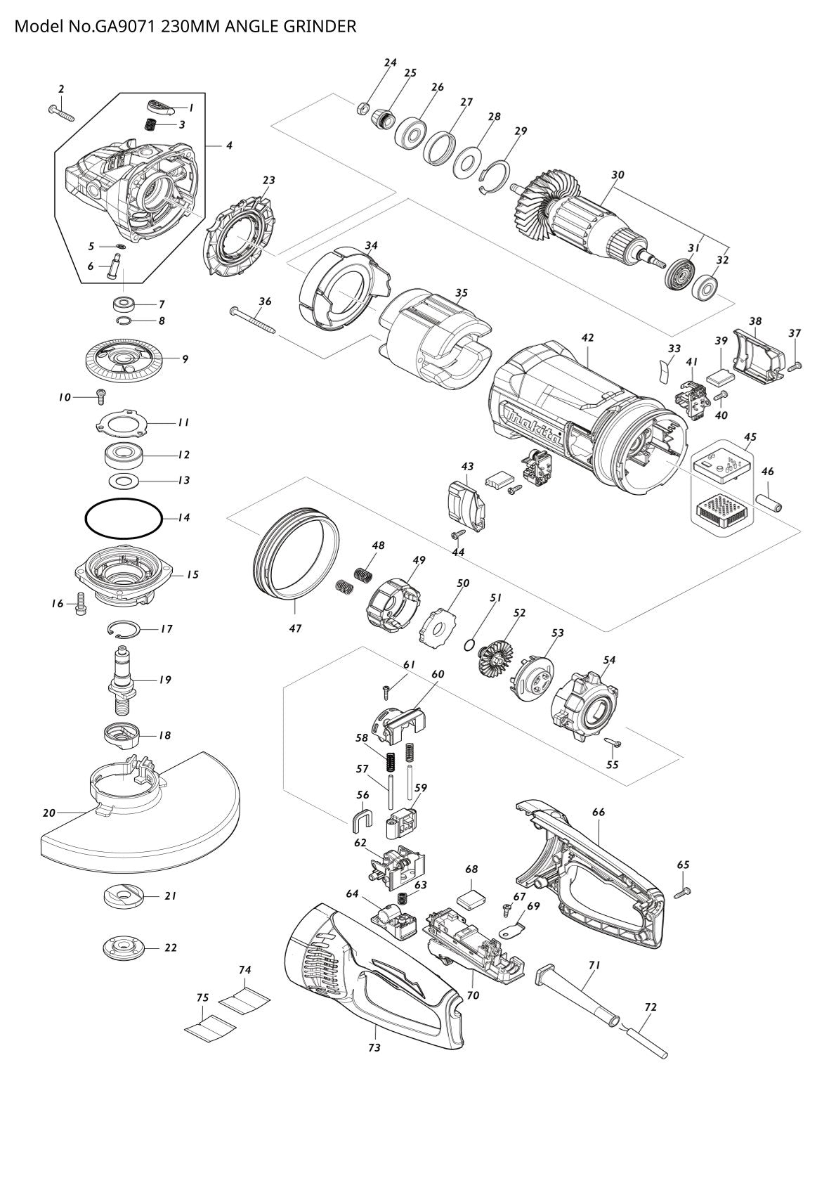Pièces détachées meuleuse d’angle Makita GA9071
