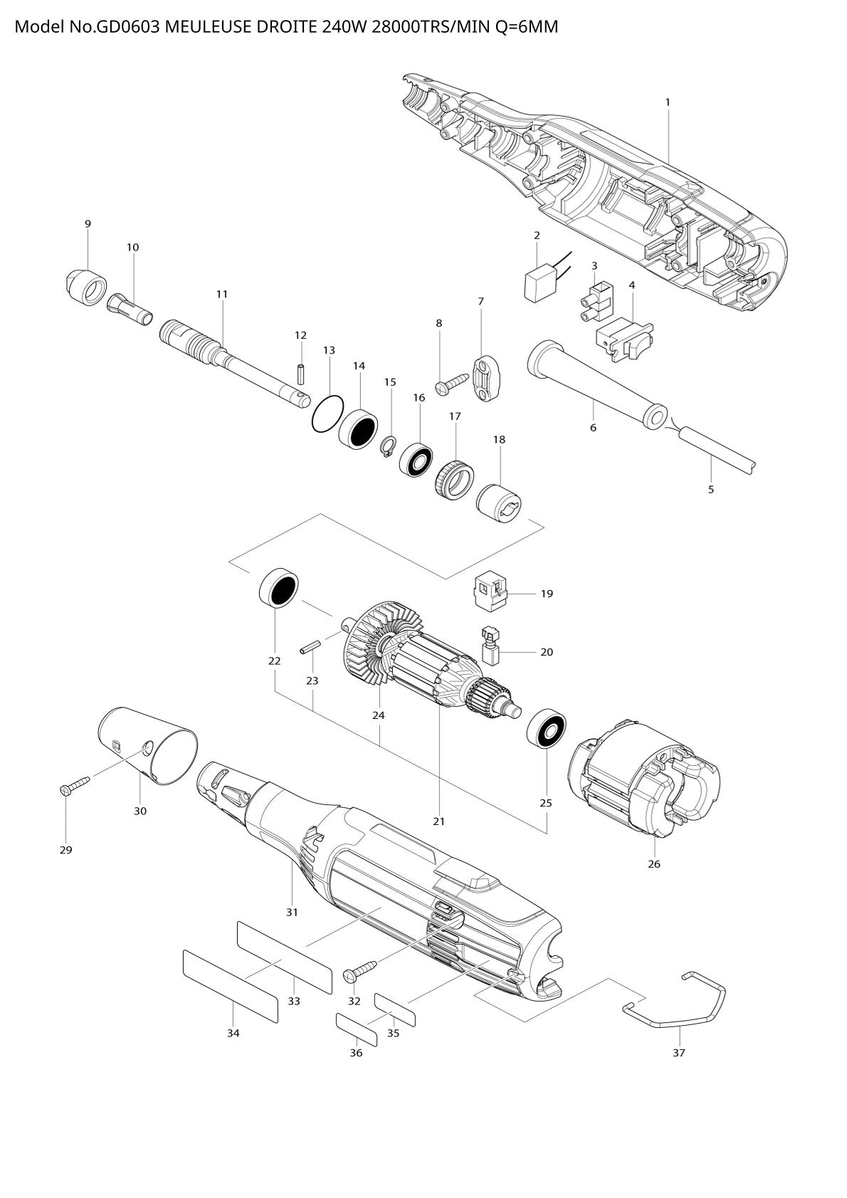 Pièces détachées meuleuse droite Makita GD0603