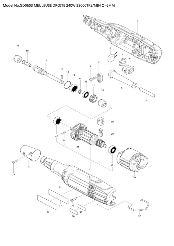 Pièces détachées meuleuse droite Makita GD0603