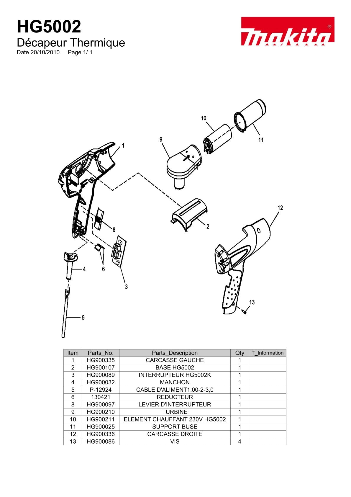 Pièces détachées décapeur thermique Makita HG5002