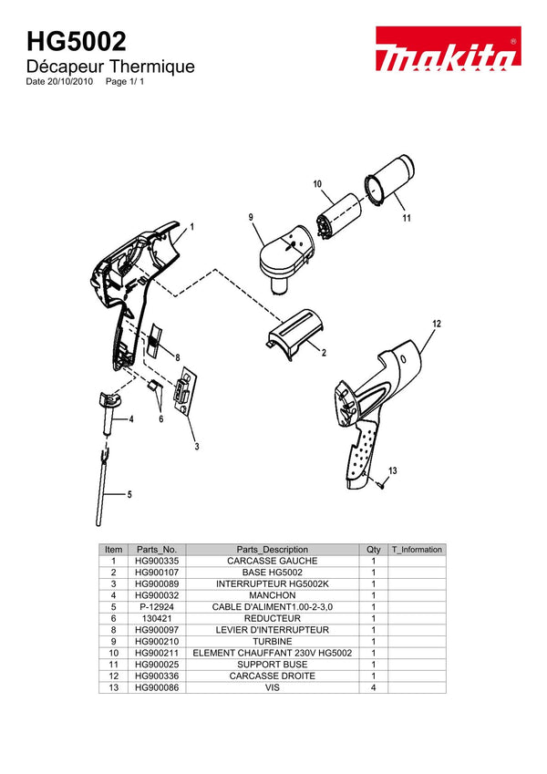 Pièces détachées décapeur thermique Makita HG5002