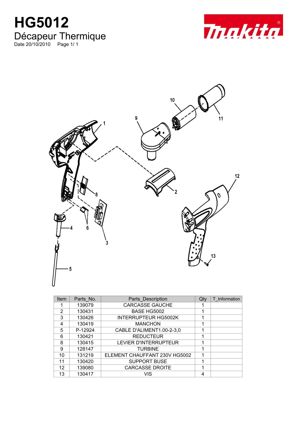 Pièces détachées décapeur thermique Makita HG5012
