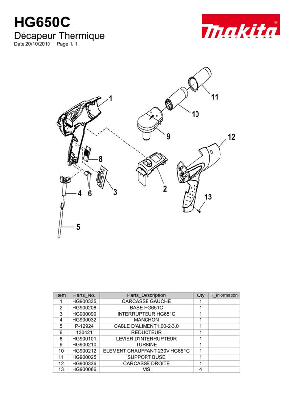 Pièces détachées décapeur thermique Makita HG650C