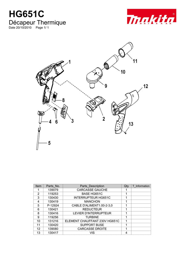 Pièces détachées décapeur thermique Makita HG651C