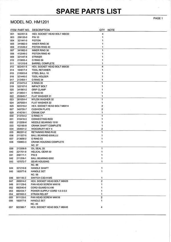 Pièces détachées marteau piqueur Makita HM1201