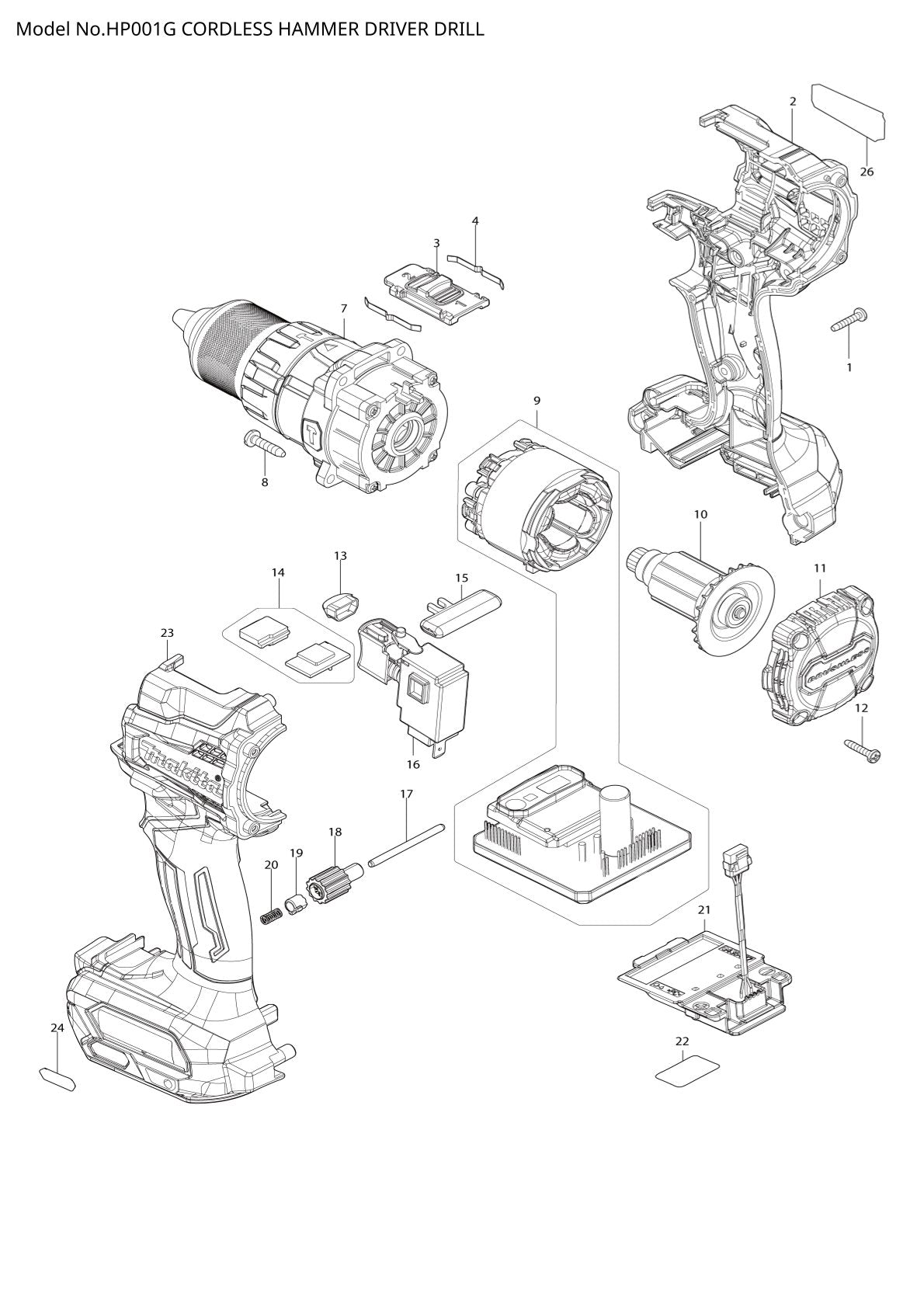 Pièces détachées perceuse-visseuse à percussion sans fil Makita HP001G