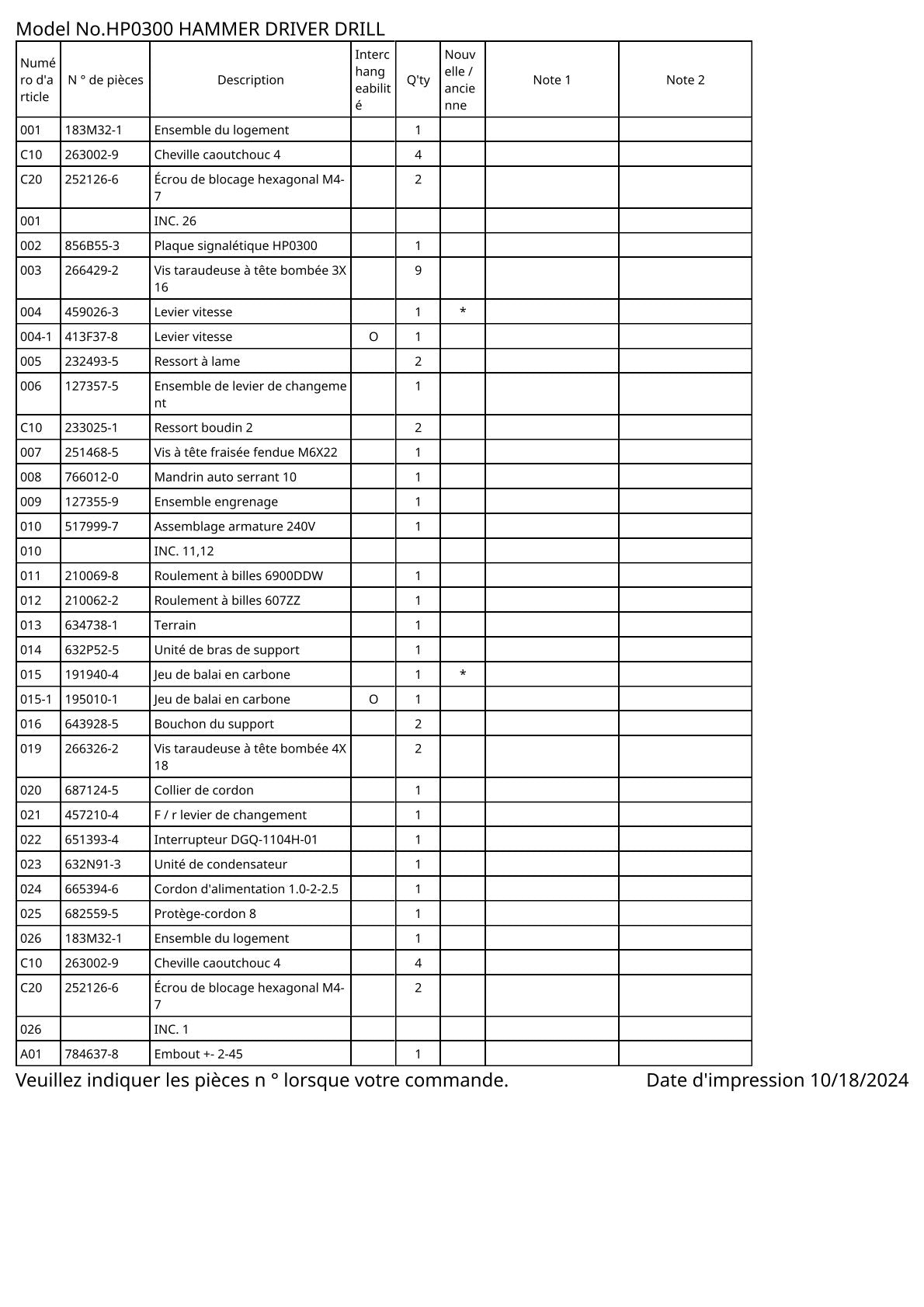 Pièces détachées perceuse à percussion Makita HP0300
