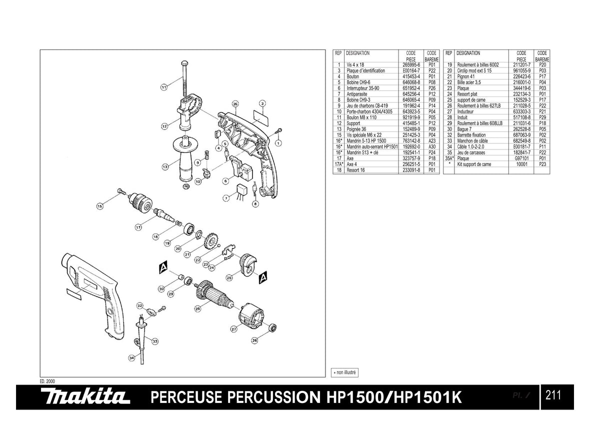 Pièces détachées perceuse à percussion Makita HP1501