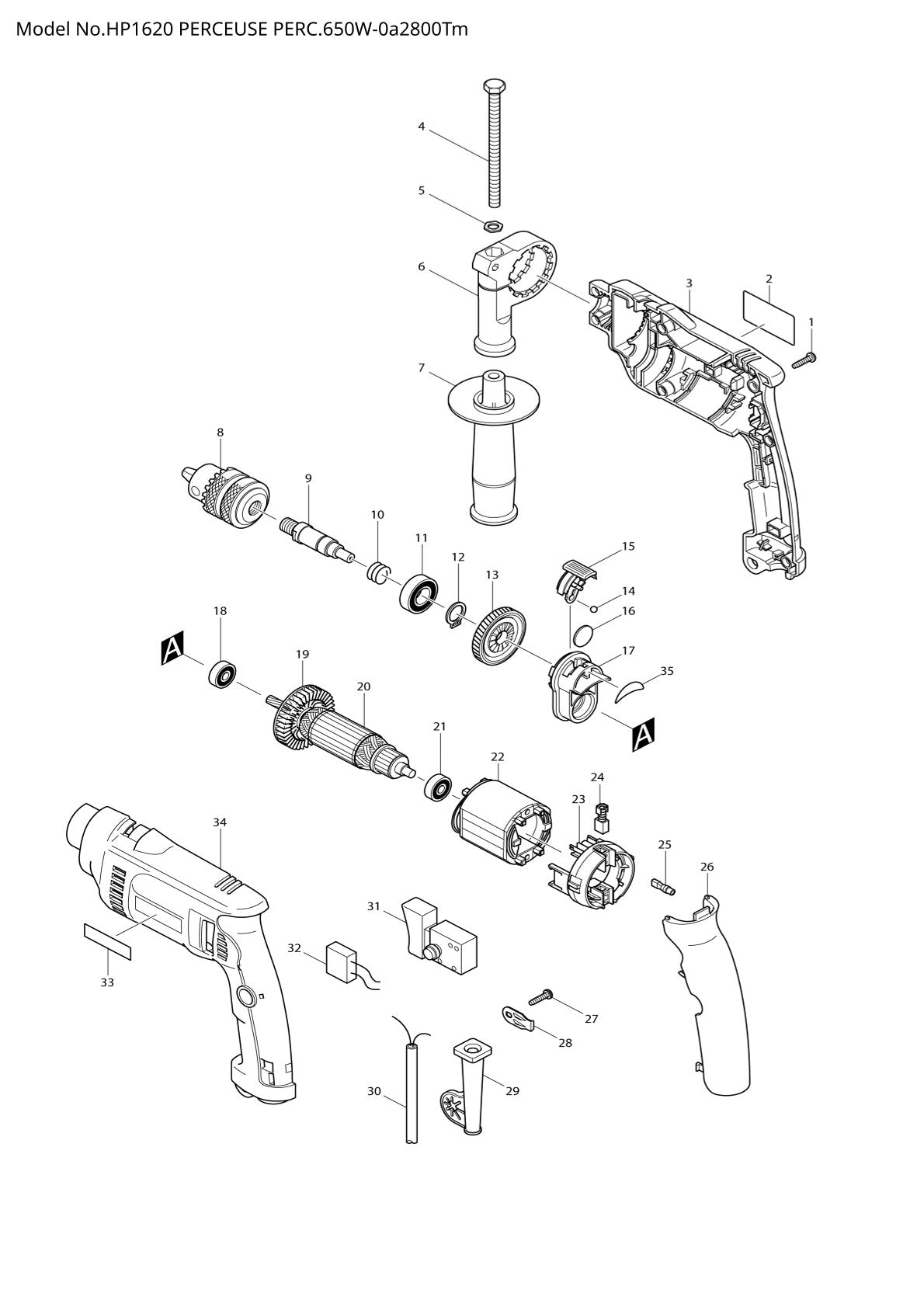 Pièces détachées perceuse à percussion Makita HP1620