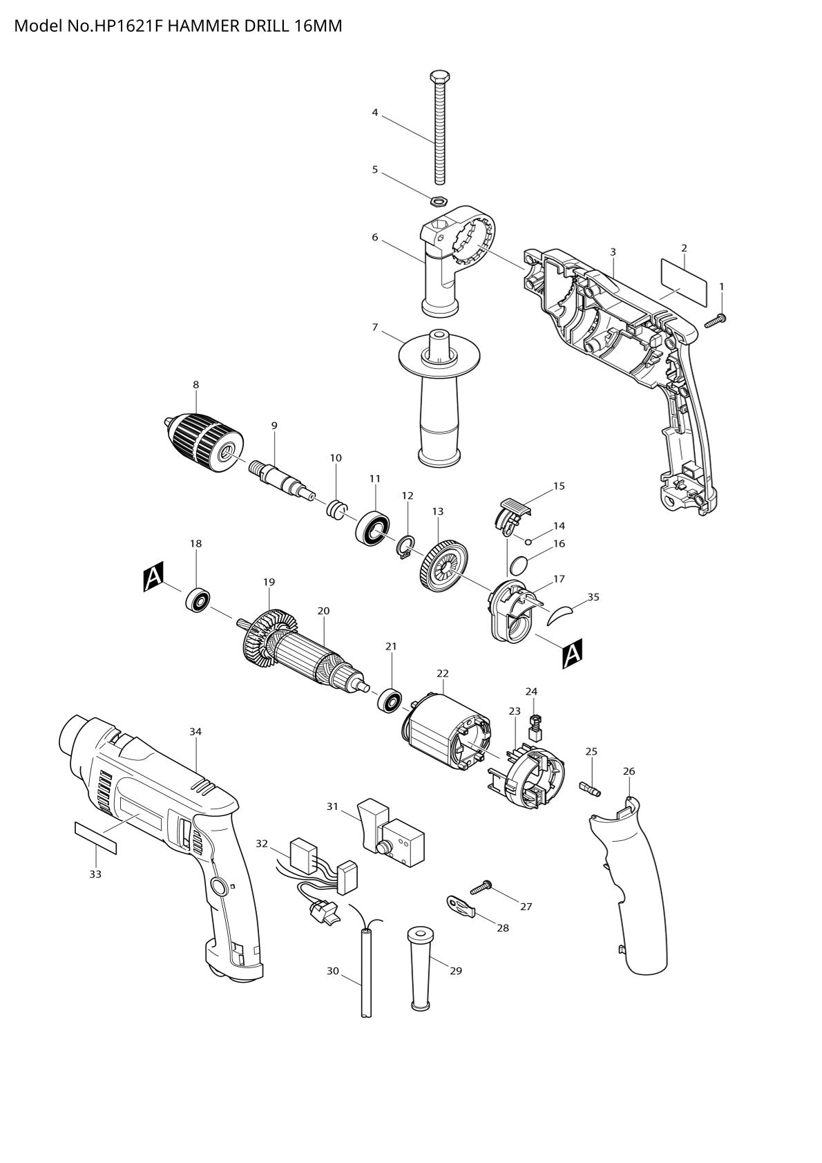 Pièces détachées perceuse à percussion Makita HP1621F
