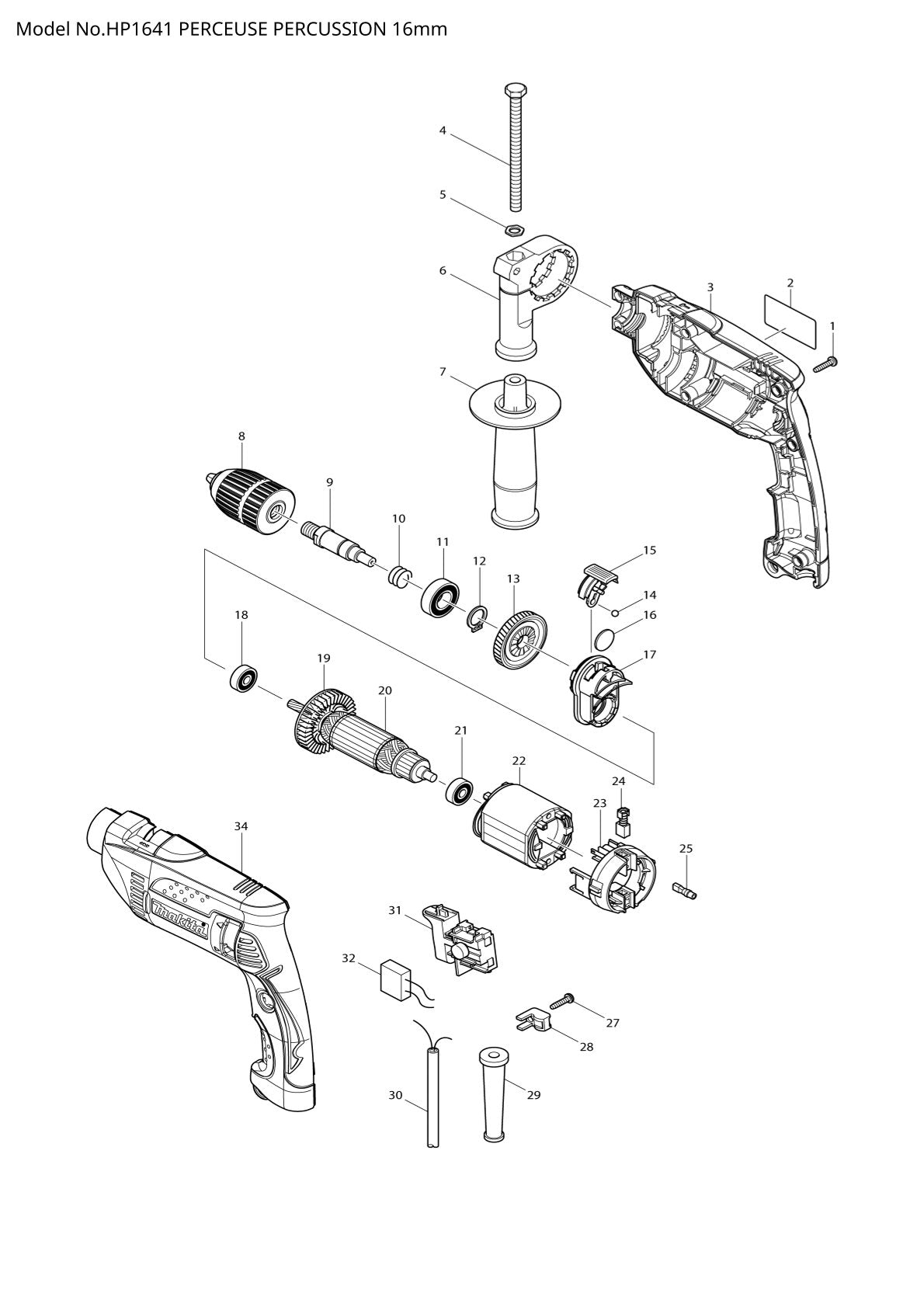 Pièces détachées perceuse à percussion Makita HP1641