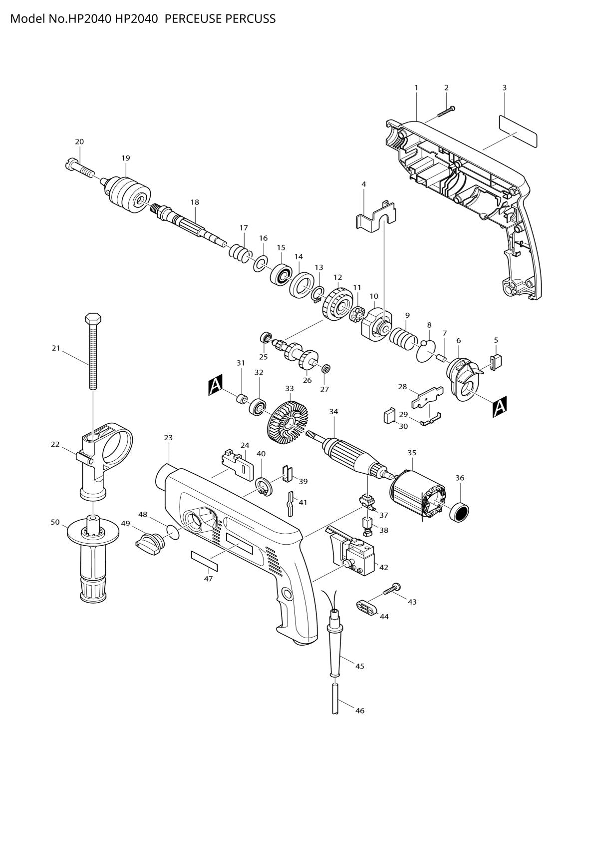 Pièces détachées perceuse à percussion Makita HP2040