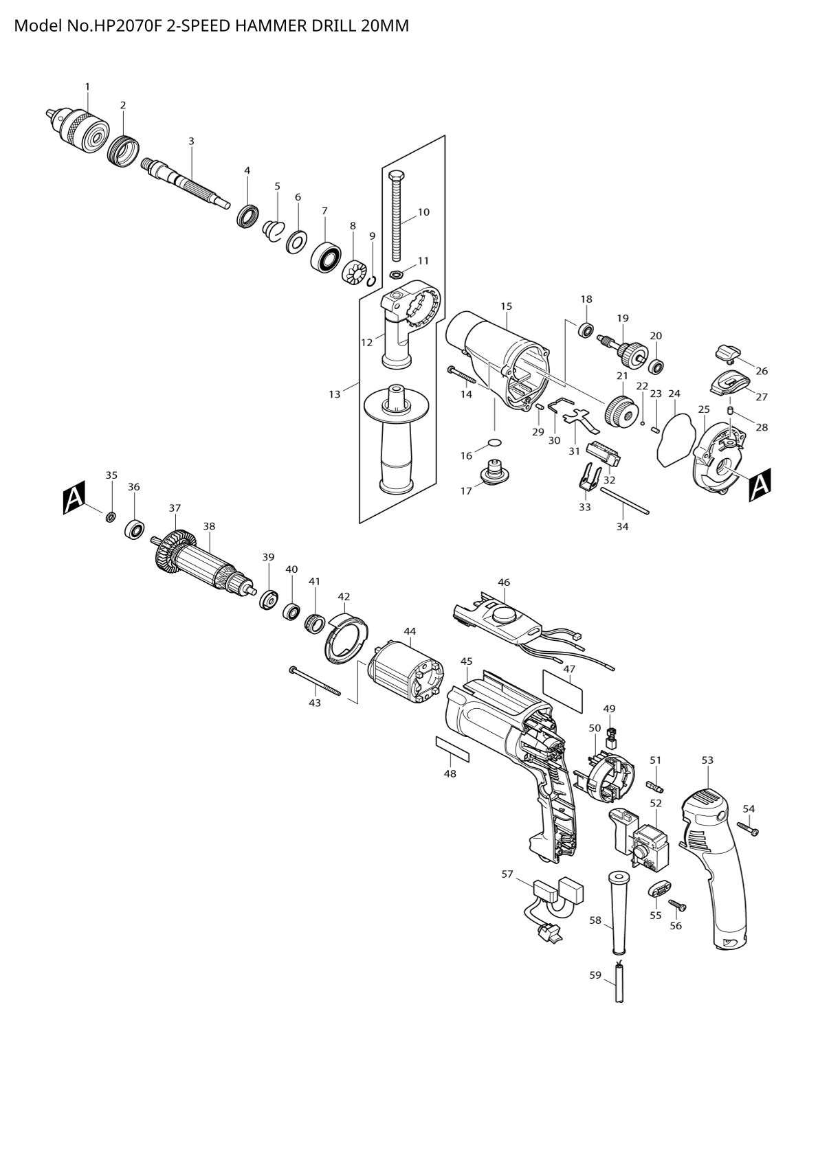 Pièces détachées perceuse à percussion Makita HP2070F