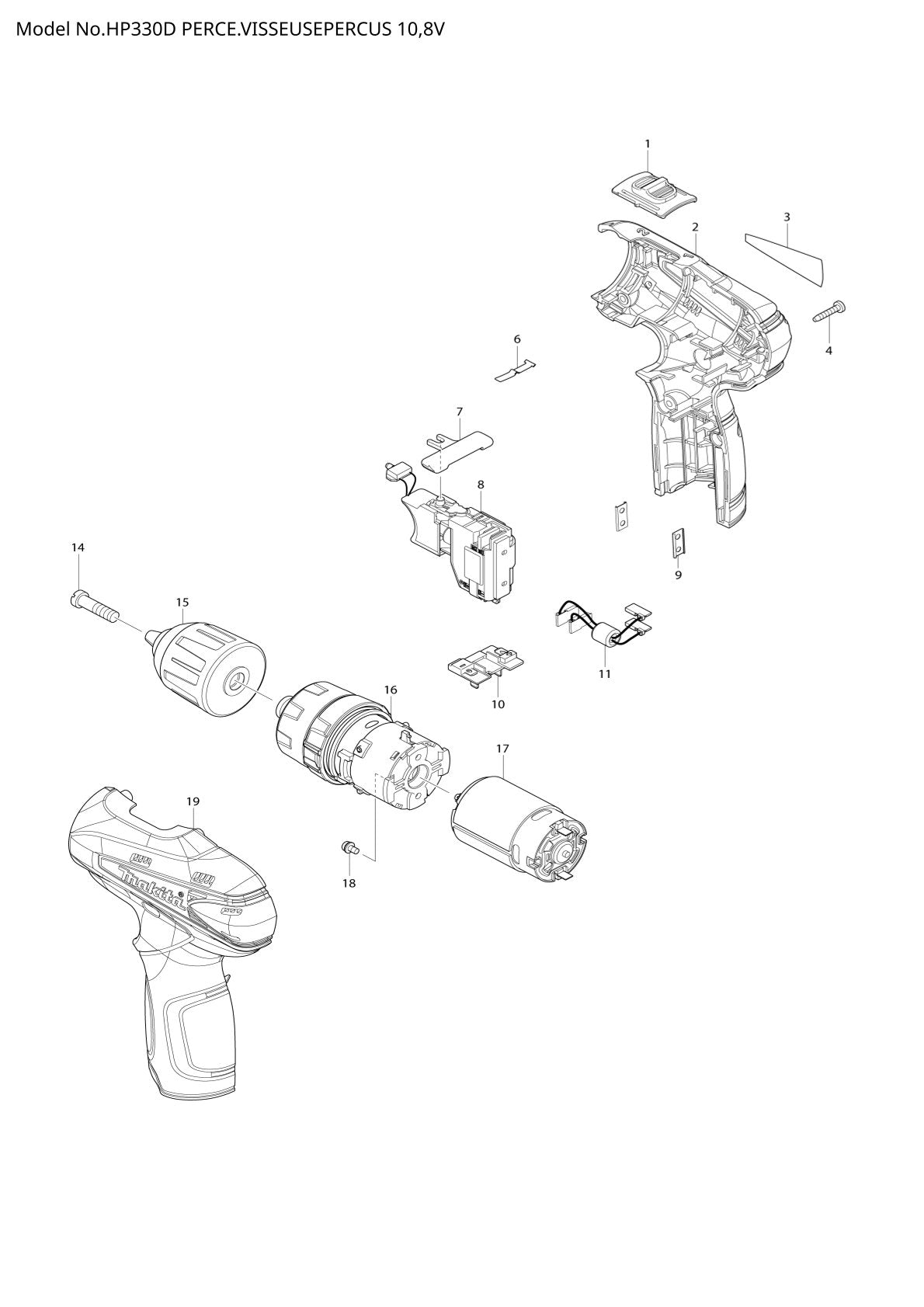 Pièces détachées perceuse-visseuse à percussion sans fil Makita HP330D