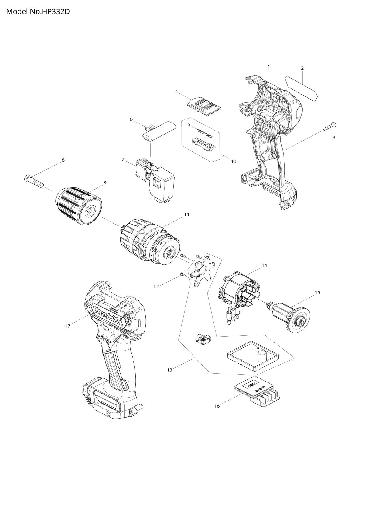 Pièces détachées perceuse-visseuse à percussion sans fil Makita HP332D