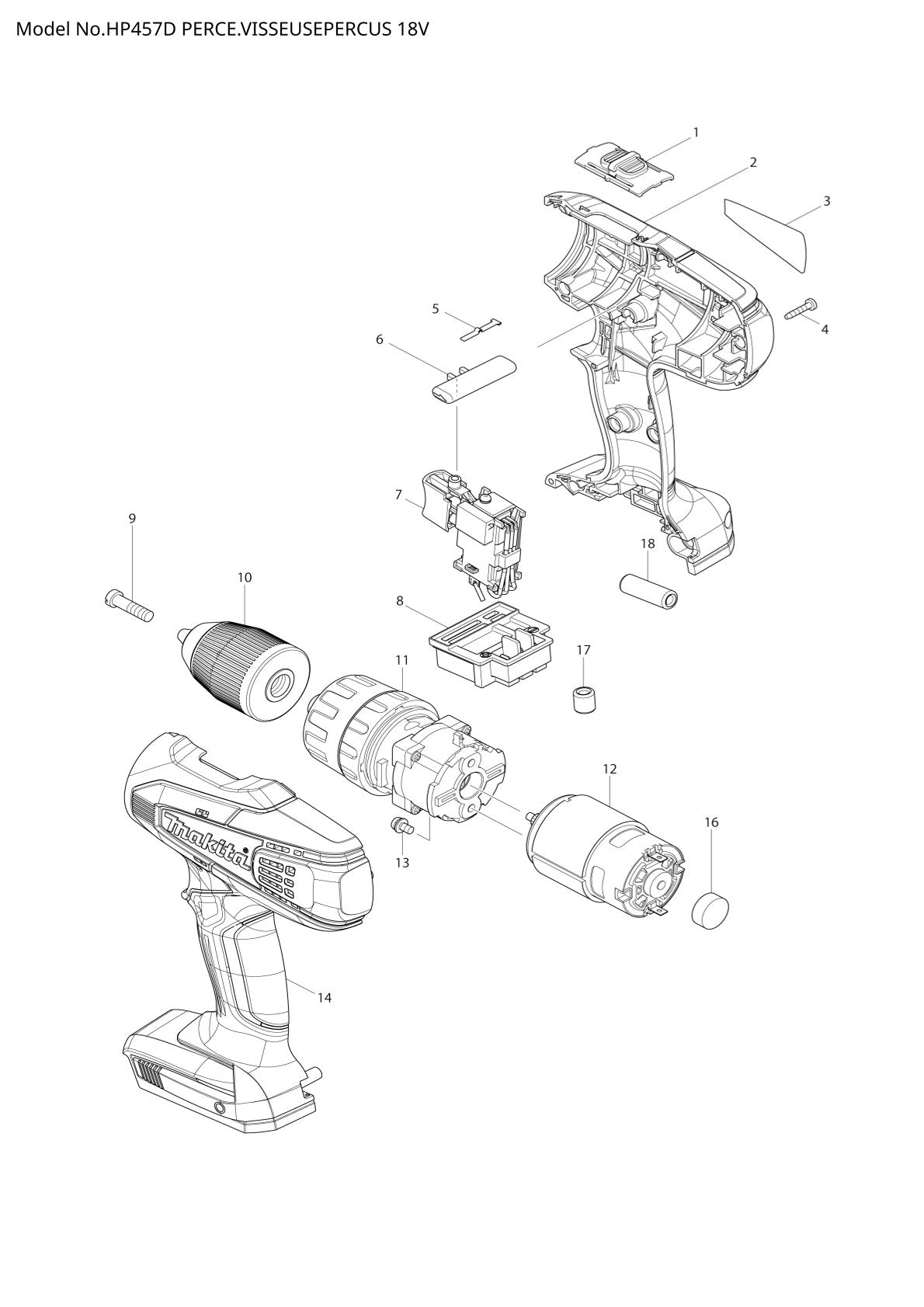 Pièces détachées perceuse-visseuse à percussion sans fil Makita HP457D
