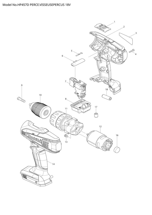 Pièces détachées perceuse-visseuse à percussion sans fil Makita HP457D