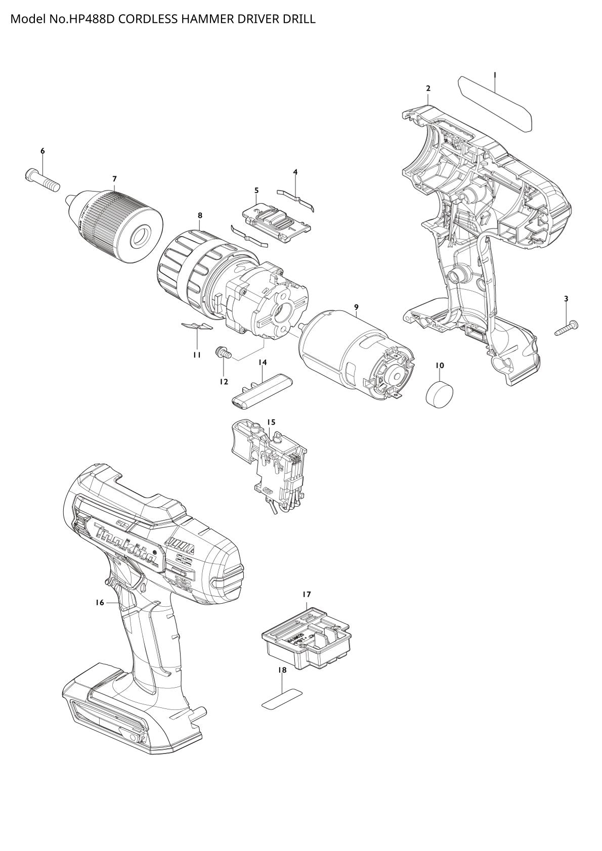 Pièces détachées perceuse-visseuse à percussion sans fil Makita HP488D