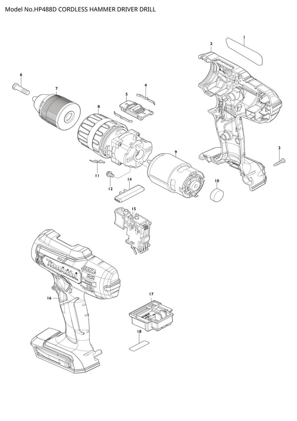 Pièces détachées perceuse-visseuse à percussion sans fil Makita HP488D