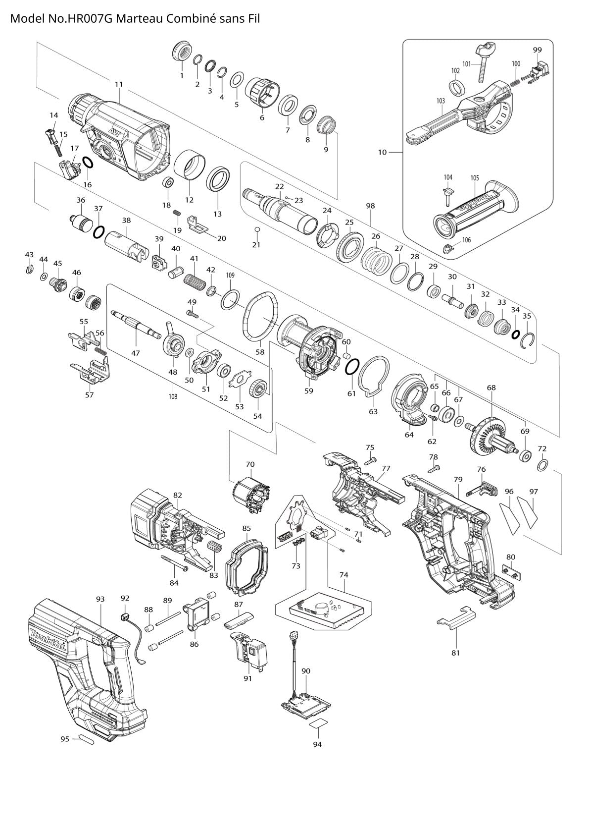 Pièces détachées perforateur burineur sans fil Makita HR007G
