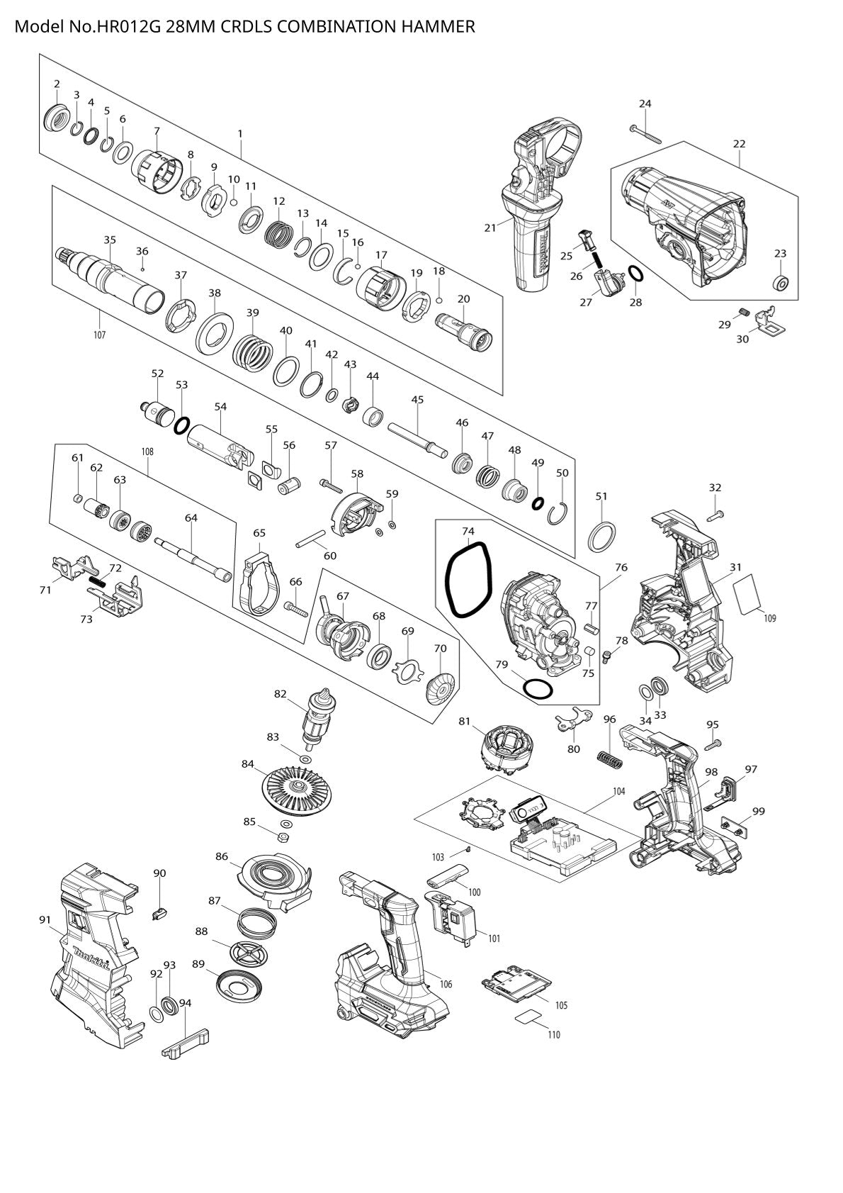 Pièces détachées perforateur burineur sans fil Makita HR012G