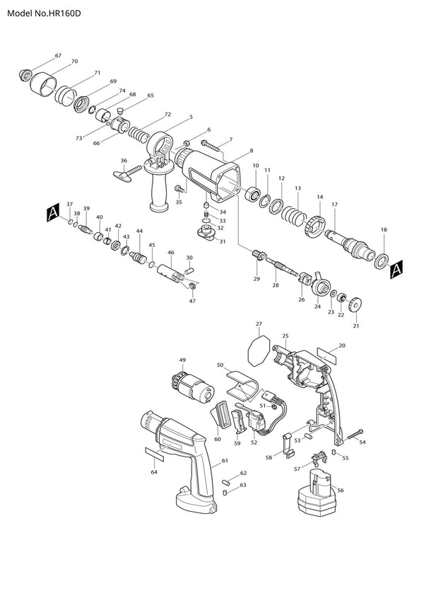 Pièces détachées perforateur burineur sans fil Makita HR160D
