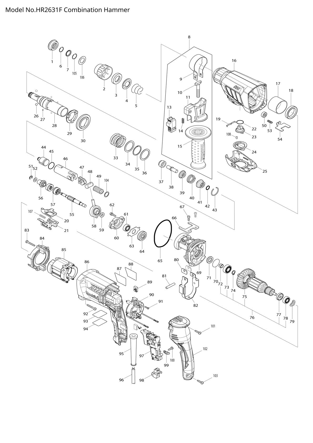 Pièces détachées perforateur burineur Makita HR2631F