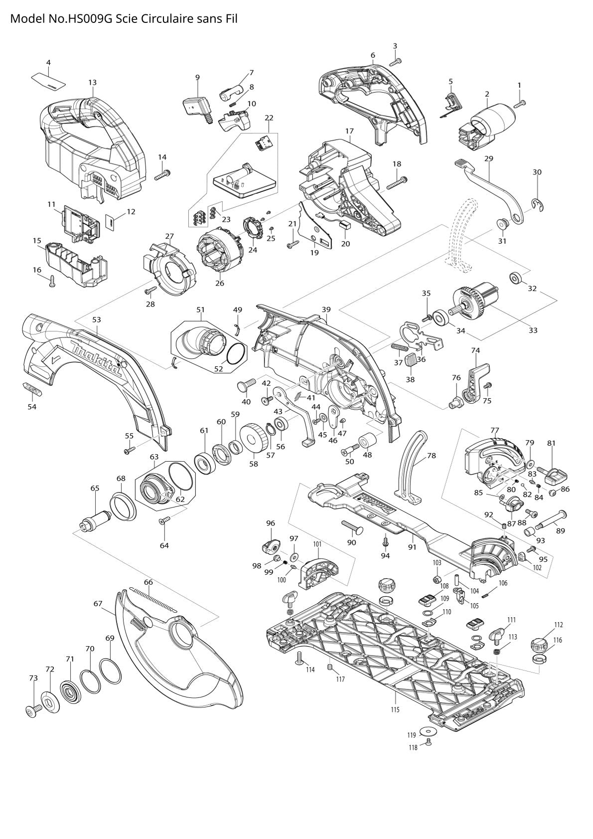 Pièces détachées scie circulaire sans fil Makita HS009G