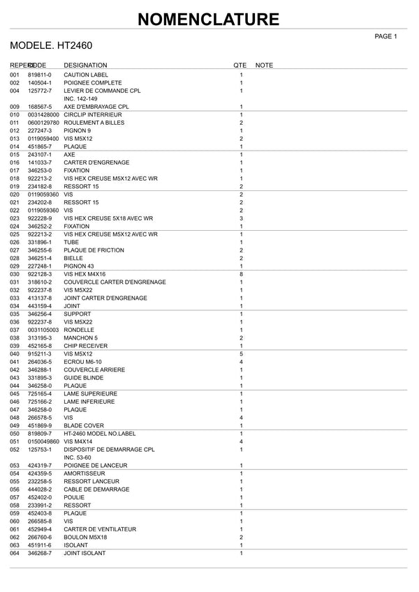 Pièces détachées taille-haie thermique Makita HT2460