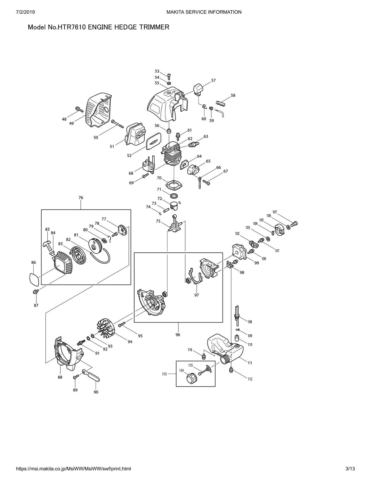 Pièces détachées taille-haie thermique Makita HTR7610