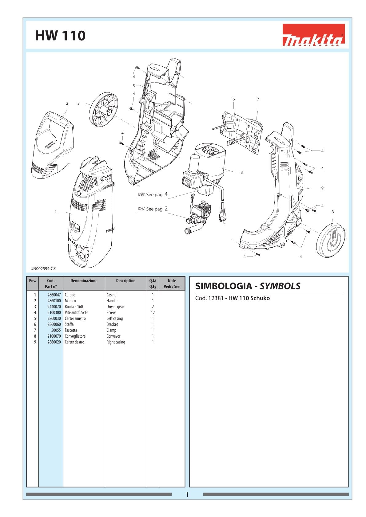 Pièces détachées nettoyeur haute pression Makita HW110