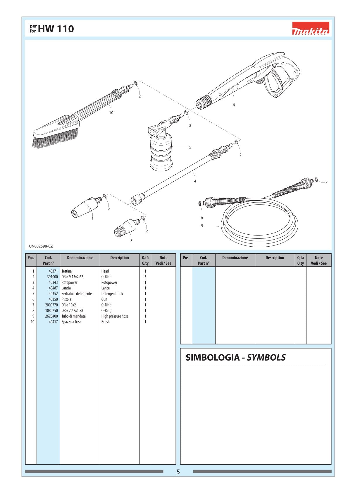 Pièces détachées nettoyeur haute pression Makita HW110