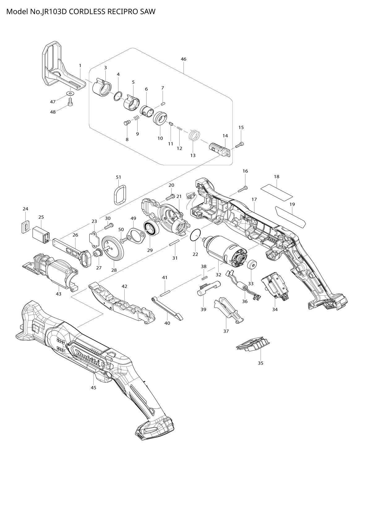 Pièces détachées scie récipro sans fil Makita JR103D