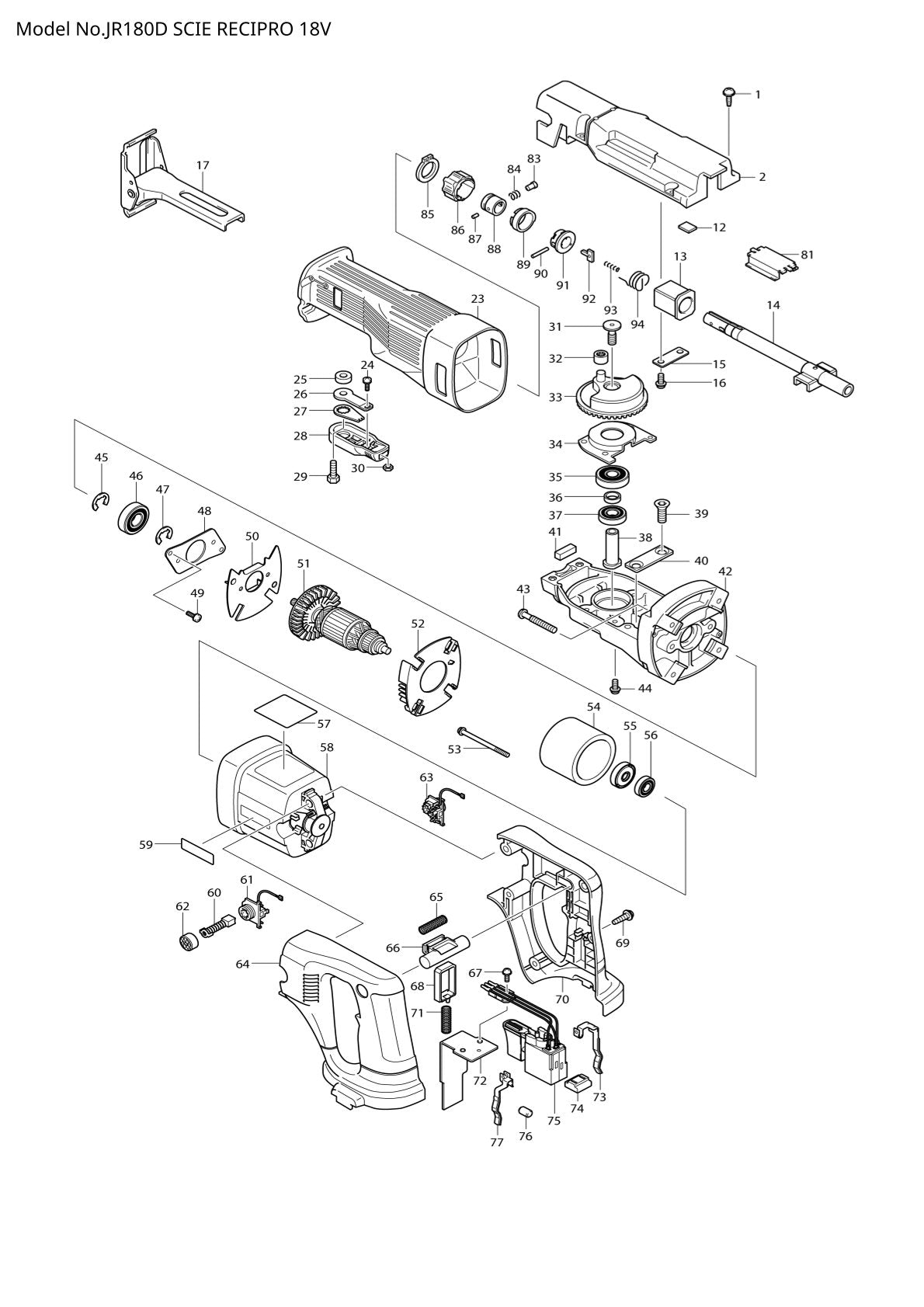 Pièces détachées scie récipro sans fil Makita JR180D