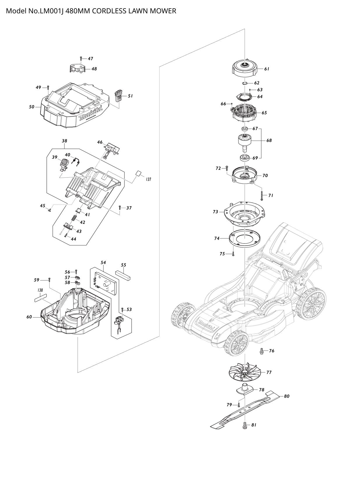 Pièces détachées tondeuse à gazon sans fil Makita LM001J