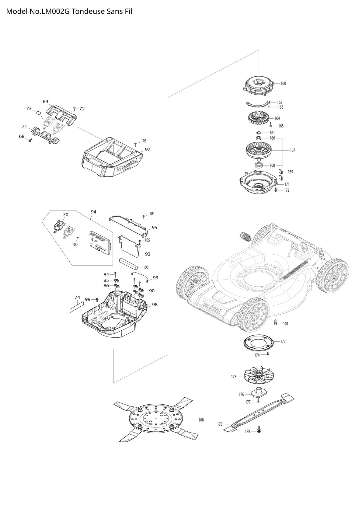Pièces détachées tondeuse à gazon sans fil Makita LM002G