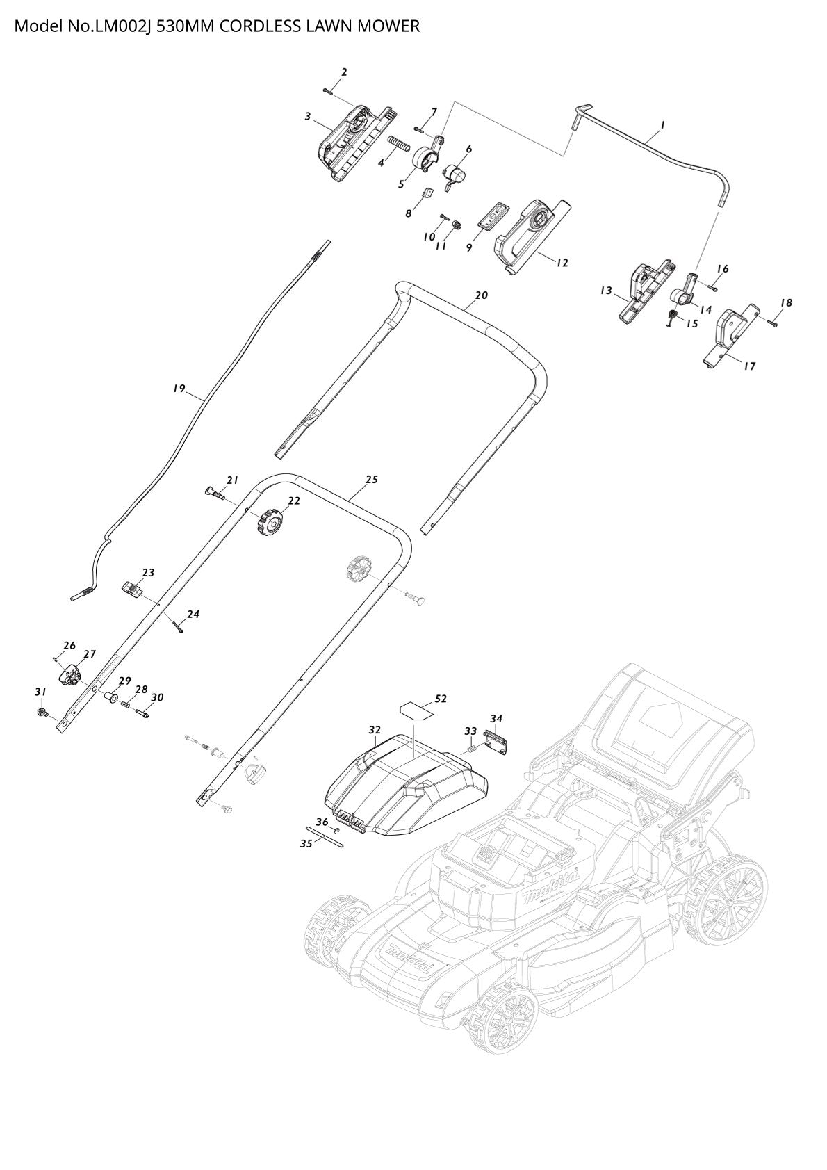 Pièces détachées tondeuse à gazon sans fil Makita LM002J