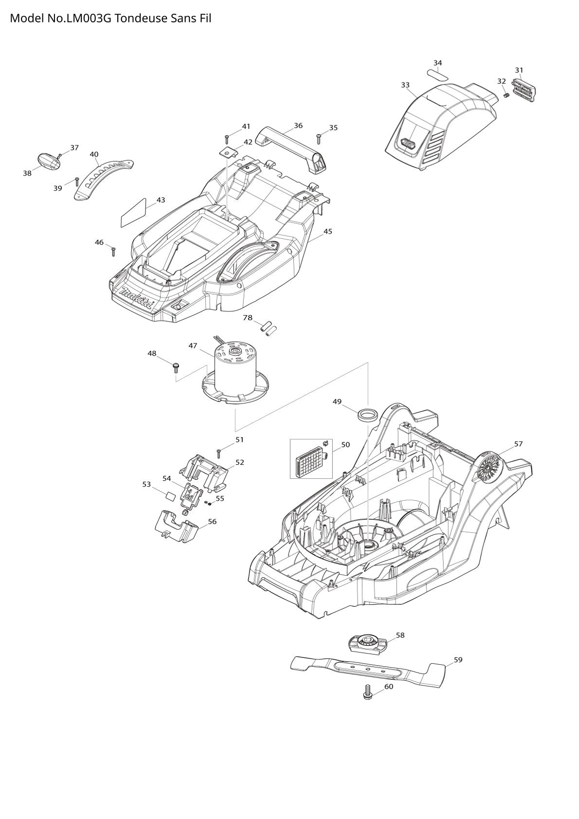 Pièces détachées tondeuse à gazon sans fil Makita LM003G